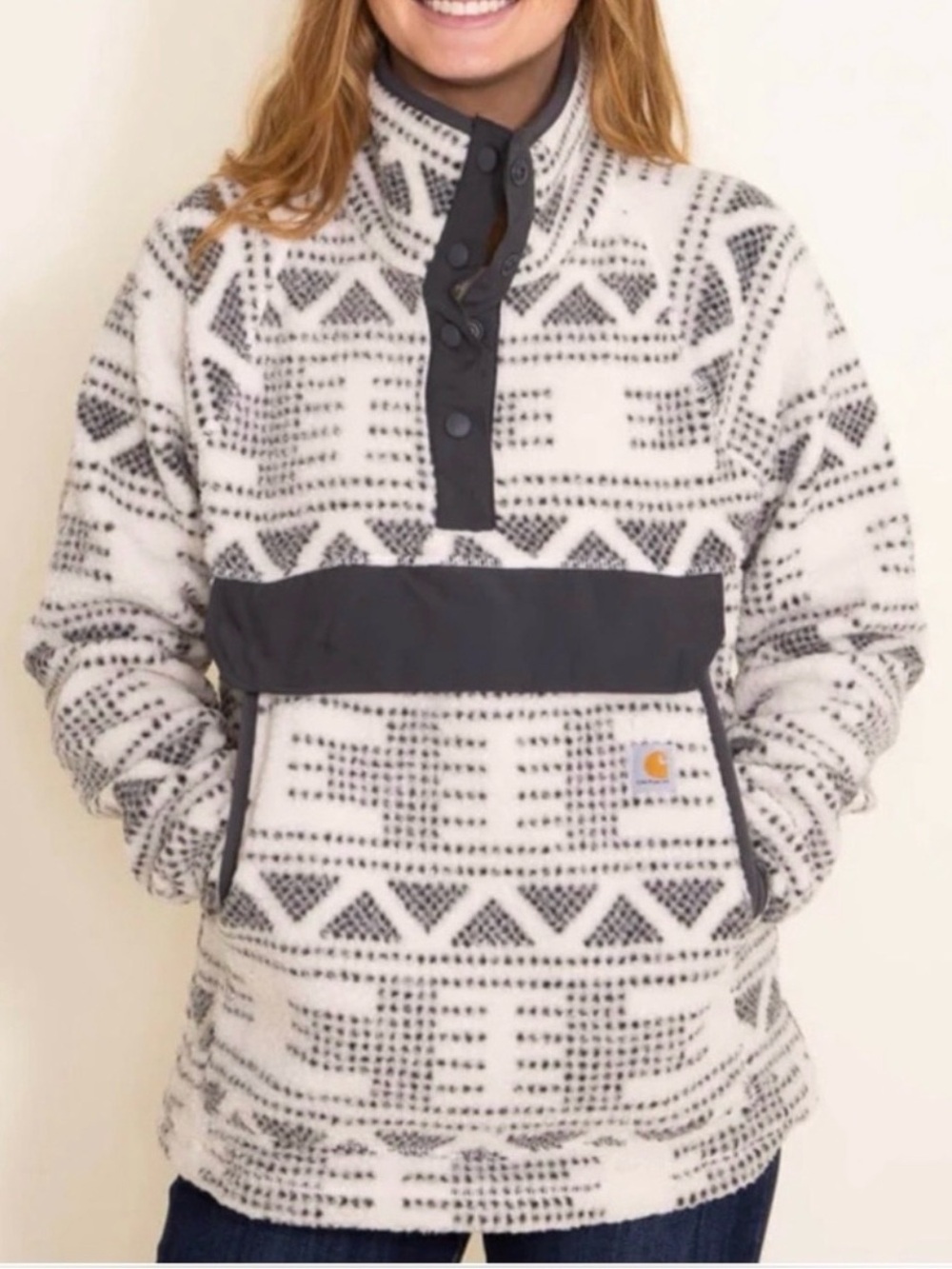 Carhartt Men's Black & White Geometric Quarter Snap Pullover W/ Kangaroo Pocket